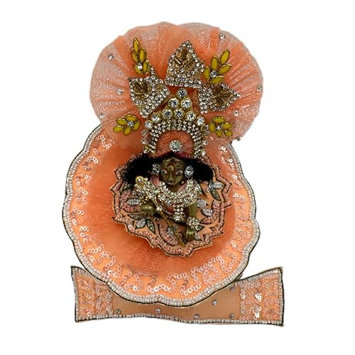 DREEMOH GOD'S TREAT Kanha Ji Designer Zardozi Dress | Krishna Ji Laddu Gopal Fancy Outfit | Kanhaiya Ji Net and Silk Poshak Set with Mukut & Accessories | Janmashtami Puja Wear (Pack of 2, 6 Inch)2