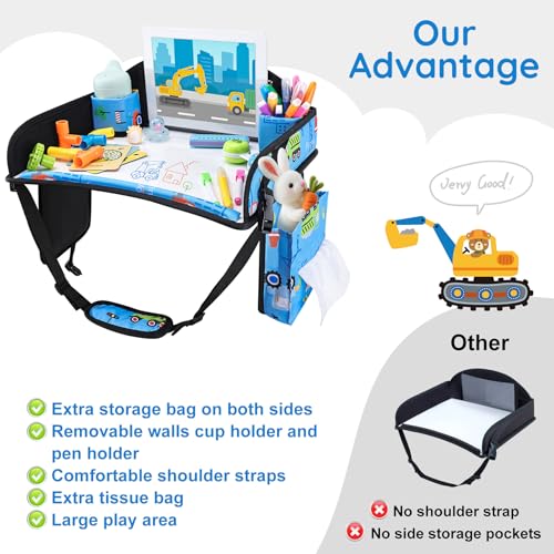 Image of Kids Travel Tray, Kids Travel Trays for Car Seat, Road Trip Essentials for Toddler, Carseat Lap Tray with Dry Erase Board & Storage Organizer for Road Trip Activities for Kid, Light Blue