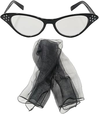 VIGUEUR Chiffon Scarf and Cat Eye Glasses, 1950s Vintage Costume Accessories Set, Black