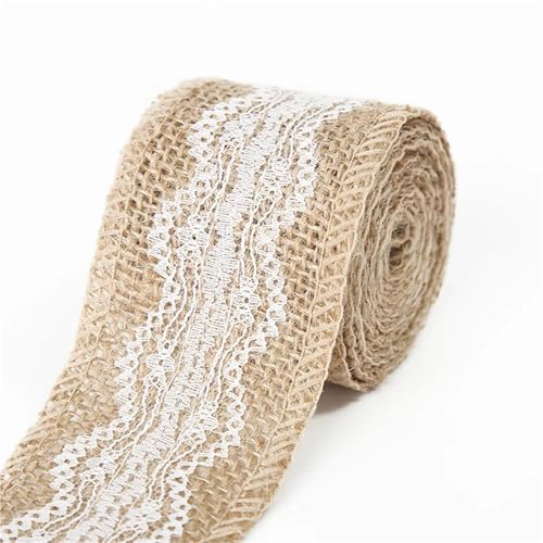 Telas Para Costura Cinta de arpillera de Yute Natural de 1-10 metros con adorno de encaje blanco, lino artesanal for embalaje de decoración del hogar de boda DIY(N0.08 Width 5cm,5Meters)