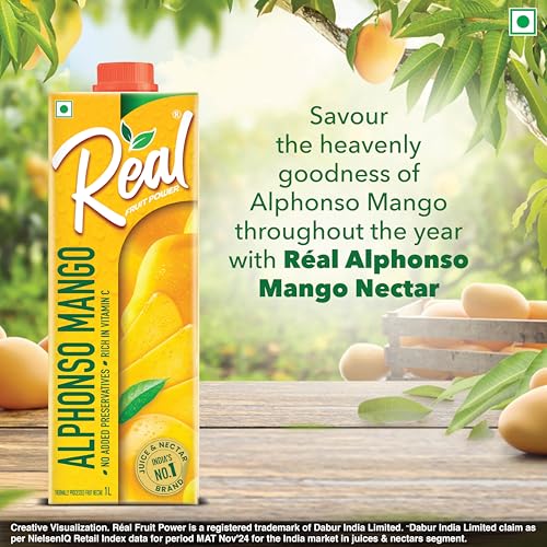 Image of Real Alphonso Mango Fruit Juice-1L | Rich In Vitamin C | No Added Preservatives, Artificial Colors & Flavours | Goodness Of Best Fruits | Tasty, Refreshing & Energising