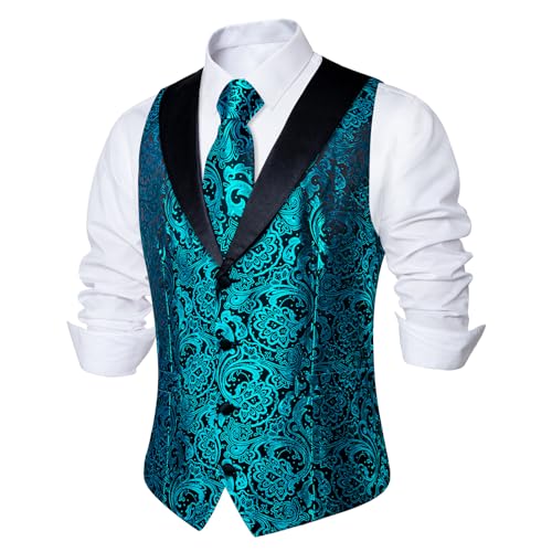 Image of DiBanGu Mens Paisley Suit Vest Silk Jacquard Waistcoat and Necktie Set Formal Shawl Collar Dress Vest 7PCS for Wedding Party