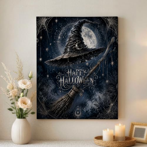 Lienzo decorativo gótico con luna y escoba de bruja para decorar tu hogar