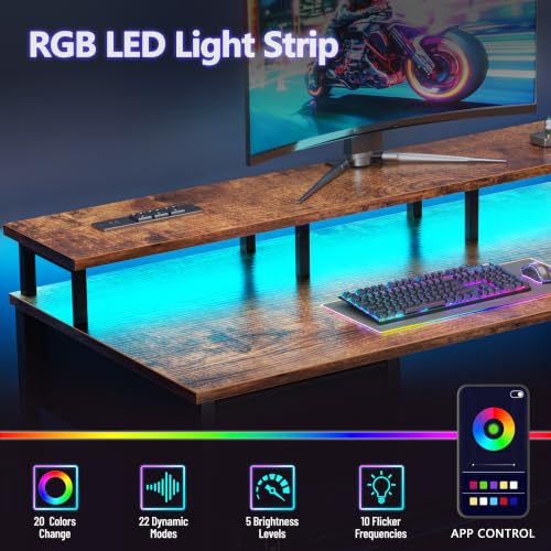 Image of Korfile 47 Inch Gaming Desk with Power Outlets and LED Lights, Reversible Computer Desk with 5 Fabric Storage Drawers, Home Office Desk with Monitor Stand for Working Writing Study, Rustic Brown