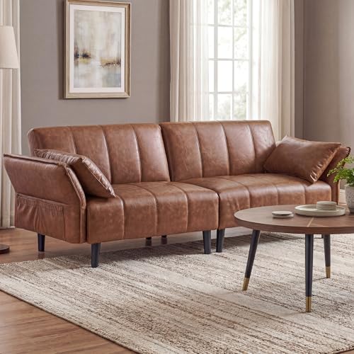 GULFXDS 77" Mid Century Modern Futon Sofa Bed, Comfy Faux Leather Couch with Adjustable Backrest & Armrest, Upholstered Sleeper Sofa for Living Room, Apartment, Home Office (Brown)