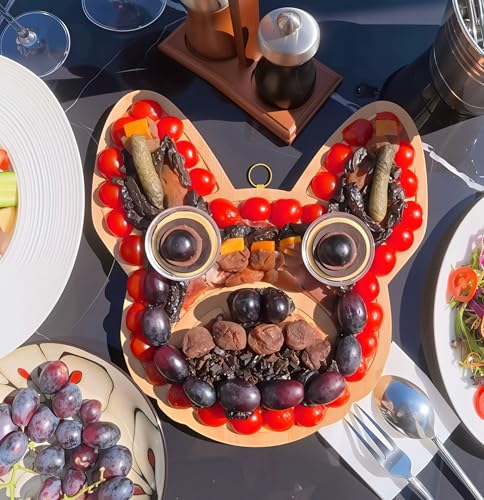 HOUSE PARTY 2K20 Frenchie The French Bulldog Cheese Board - 12" Cheese Board Set & Wall Mount Frenchie Décor, Cute Dog Face Functional Art Frenchie Gifts with Wall Hooks, Mini Forks & Funny Card