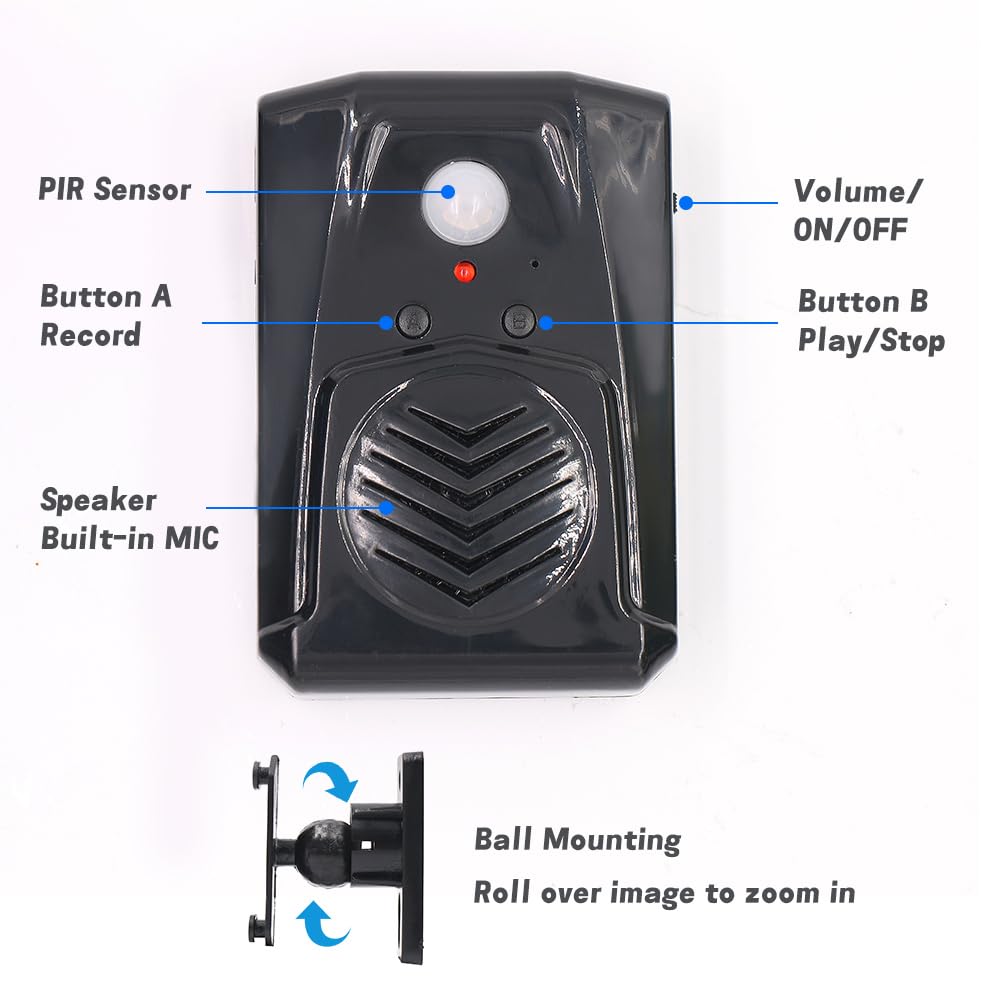 Infrared Motion Sensor Activated Sound Speaker Built with Microphone Recordable Voice for Shop Sale, Garage Door Alert, Greeting Visitor Door Chime, Security Reminder?Black?