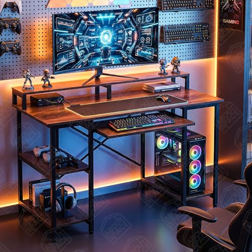 Image of ABOUT SPACE Study Table with Monitor Stand, Keyboard Tray & Bottom Storage - 25mm Metal Frame Gaming Table - Office Desk for Laptop, PC-Engineering Wood Computer Table(Walnut - L121.5 x B60.5 x H87cm)