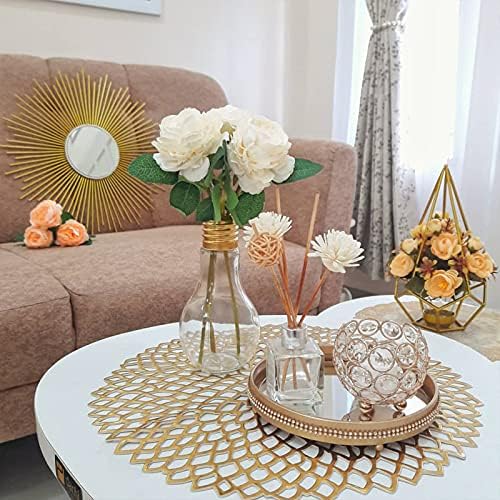 YMHPRIDE 16Pcs Hollow Round Gold Placemats and Coasters Set of 8 Washable PVC Table Mats Durable Heat Resistant and Anti-slip Place Mats for Restaurant,Cafe and Home Kitchen Decoration