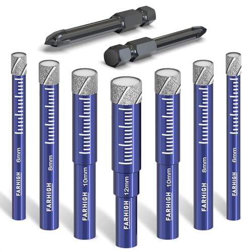 Farhigh Diamantbohrer Fliesenbohrer Glasbohrer Set 9 tlg. 6 8 10 12mm & 6mm Hartmetallbohrer für Keramik Porzellan Fliesen Glas Granit Stein Mauerwerk Beton Feinsteinzeug