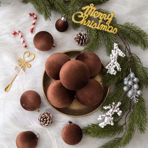 Velvet Christmas Ball Ornaments - 30pcs Flocked Christmas Ornaments Set Shatterproof Classic Hanging Xmas Tree Decorations with Rope for Wreath Holiday Home Decor (Brown) - image 7