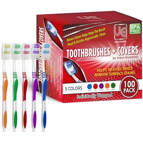 Urban Essentials Bulk Toothbrush Package with Covers | Premium Quality Individually Wrapped Colorful Tooth Brushes | Medium Soft Toothbrush Hygienic Cap for Donations, Travel, Hotels (100 Pack) Cover