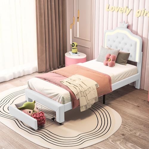 Mutuolux Lit Princesse Enfant 90x200 cm avec Tiroirs de Rangement, Tête de Lit Capitonnée avec LED et Décor Couronne, Revêtement en Similicuir Blanc –...