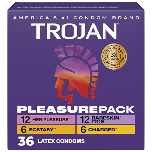 Trojan Pleasure Pack, Assorted Latex Lubricated Condoms for Men, Her Pleasure, Bareskin Studded, Ecstasy & Charged Varieties, Condom Variety Pack 36 Count