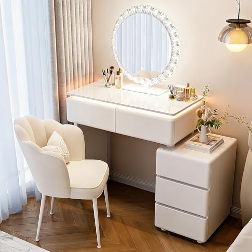 AGGBDYXO Elegante tocador con Espejo y Taburete, Espejo LED con 3 cajones, Espejo Inteligente Ajustable para Maquillaje y Cuidado de la Piel