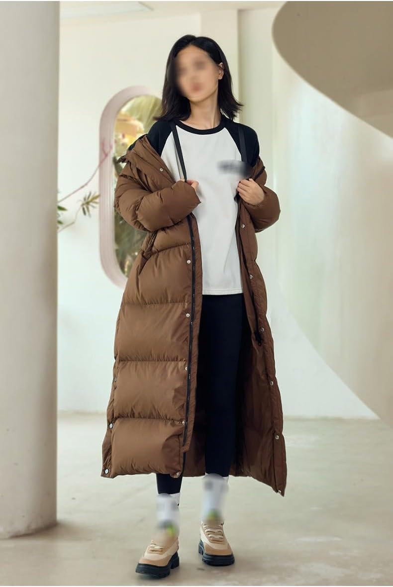 Women's White Duck Down Jacket Long Knee Length Loose Warm and Thick Autumn/Winter Brown Coat