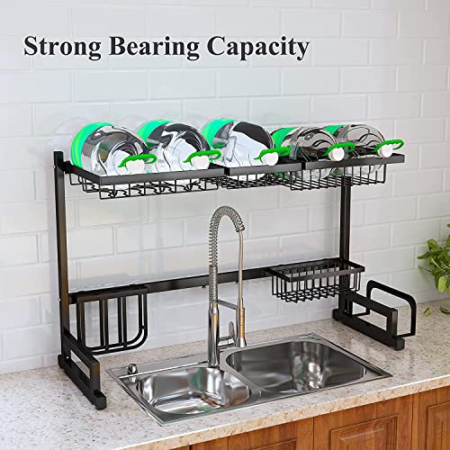 Over The Sink Dish Drying Rack, Length Adjustable (From 33.8" To 41.5") Stainless Steel 2 Tier Large Dish Rack With Cup Holder Utensil Holder Caddy, Kitchen Counter Dish Drainer Organizer, Black #TOP6
