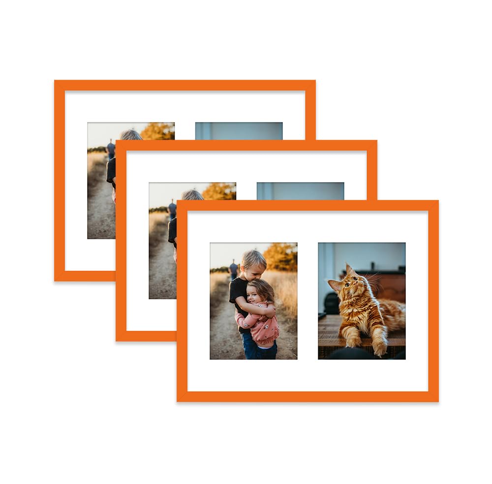 Orange Multi Photo Frame - Holds 2 x 8x6 Pictures, Family Collage Picture Frame for Wall Display, 16x12 Frame size, Set of 3