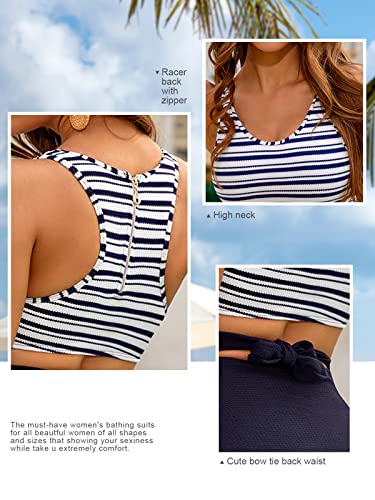 Molybell Modest Swimsuit For Women Athletic One Piece Bathing Suit With Zipper High Cut Striped Monokini Swimsuits For Teen Girls Size Medium (Navy/White, Medium) #TOP3