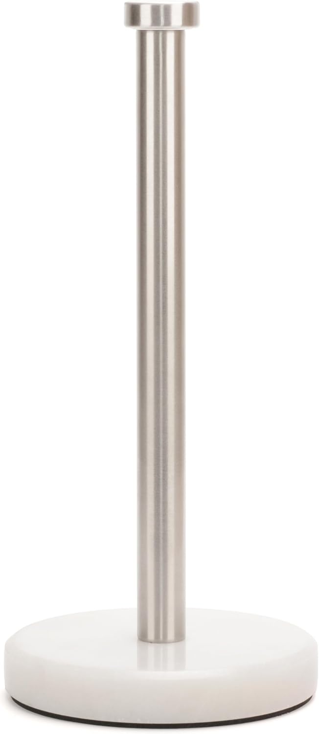 Paper Towel Holder Countertop, Heavy Weighted Marble Base Paper Towels Holder for Kitchen Counter, Modern Standing Papertowel Roll Holders(Brushed Nickel Stainless Steel Bar, White Natural Marble)