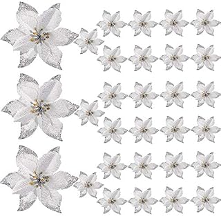 WILLBOND 30 Pieces Glitter Christmas Tree Ornaments Artificial Wedding Christmas Poinsettia Flowers for Christmas Flowers Tree Wreaths Decor Ornament (Silver)