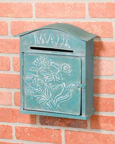Red Co. 10” X 12.5” Farmhouse Mail Embossed Tin Metal Wall Mount Mailbox, Country Rustic Décor, Distressed Teal Blue #TOP1