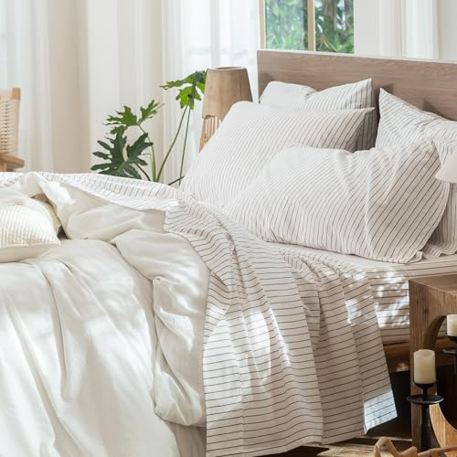 Image of MooMee Striped Sheet Set 100% Washed Cotton Linen Like Queen