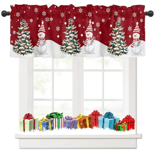 Tokusyou Weihnachten Scheibengardine Gardinen Deko Weihnachtsgardine Rot Vorhang Der Schneemann Weihnachtsbaum Schneeflocken Muster Blickdicht Bistrogardinen für Küche Fenster B 137 × H 45 cm