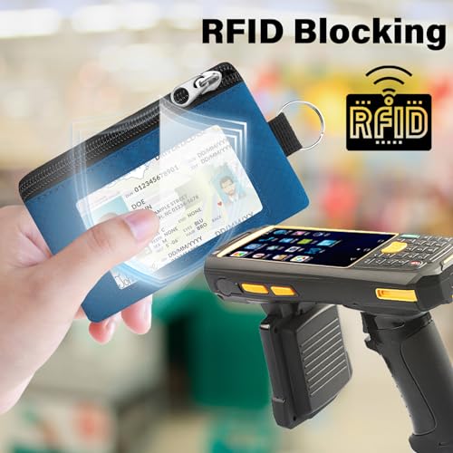 Image of Minimalist RFID Wallet with Lanyard, Multi-Functional ID Case with 2 Zipper Pockets and Key Chain for Men and Women, Tactical Badge Pouch Cards Holder, Coin Purse for Travel Sports-Black+Blue