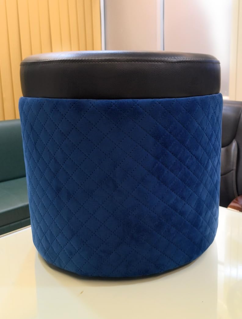 Round Storage Ottoman, Blue Quilted Velvet with Black Leatherette Lid | Quilted Fabric Body, Cylindrical Shape, Dual-Tone Design, Footrest and Seat-image-22