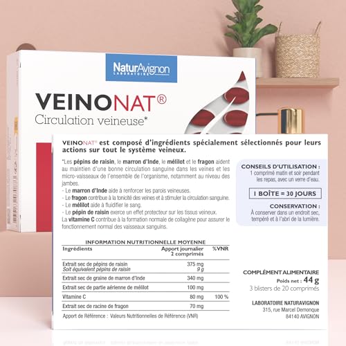 Laboratoire NaturAvignon Veinonat Comprimés | Circulation veineuse & jambes lourdes | Marron d'Inde + Pépins de raisin + Fragon + Mélilot | Actifs à l'efficacité prouvée | 180 comprimés (3 mois) – vue 6