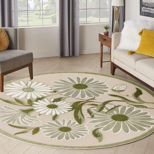 Nourison Home Aloha Ivory Green 7'10" x Round Area Rug - Easy Clean, Non Shedding, Bed Room, Living Room, Dining Room, Kitchen (8' x Round)