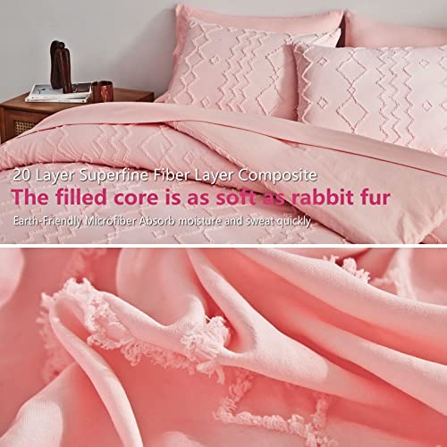 Aikasy Coral Pink Tufted Bed In A Bag Queen,Geometry Embroidery Comforter Set 7 Pieces，Boho Shabby Chic Comforter Bedding Sets, Soft Microfiber Comforter For All Seasons (Coral Pink, 90"X90") #TOP4