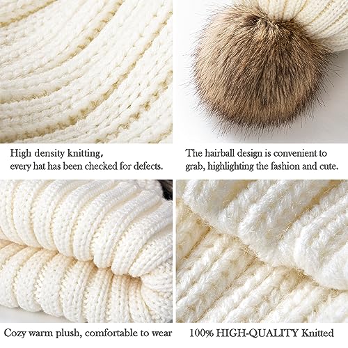 Image of Winter Hats for Women - Beanies Women Winter Hat with Faux Fur Pom Warm Knit Skull Cap Thick Beanie Hat White
