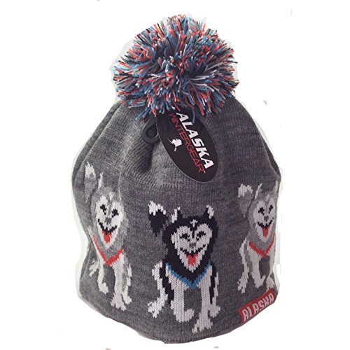 Alaska Beanie Hat Skull Sled Dogin Row Team Knit Stocking Hat Lined Pom Pom Grey