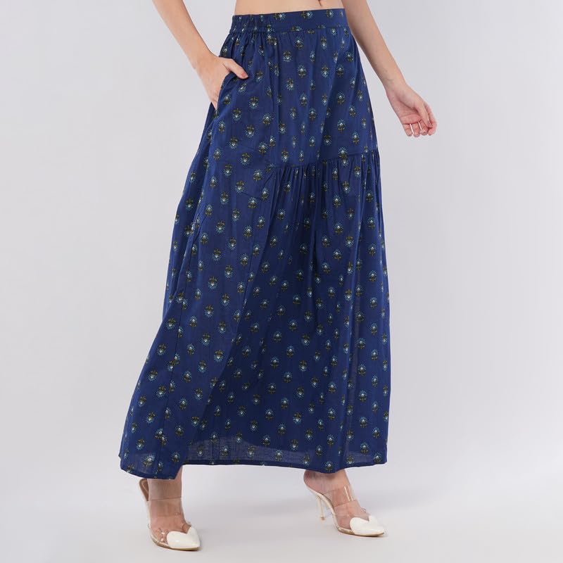Rabhika Women’s Blue Patterned Pure Cotton Maxi Skirt, Lightweight Comfortable Long Skirt for Ethnic & Modern Wear| 2XL 4