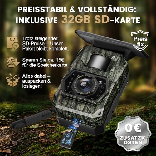Wildkamera WLAN mit Handyübertragung App, 4K 64MPWildkamera Solar mit Akku 5200mAh Wildtierkamera mit Bewegungsmelder Nachtsicht 0,1s Auslösezeit Wildtierkamera Bluetooth Nachtsichtkamera, IP66