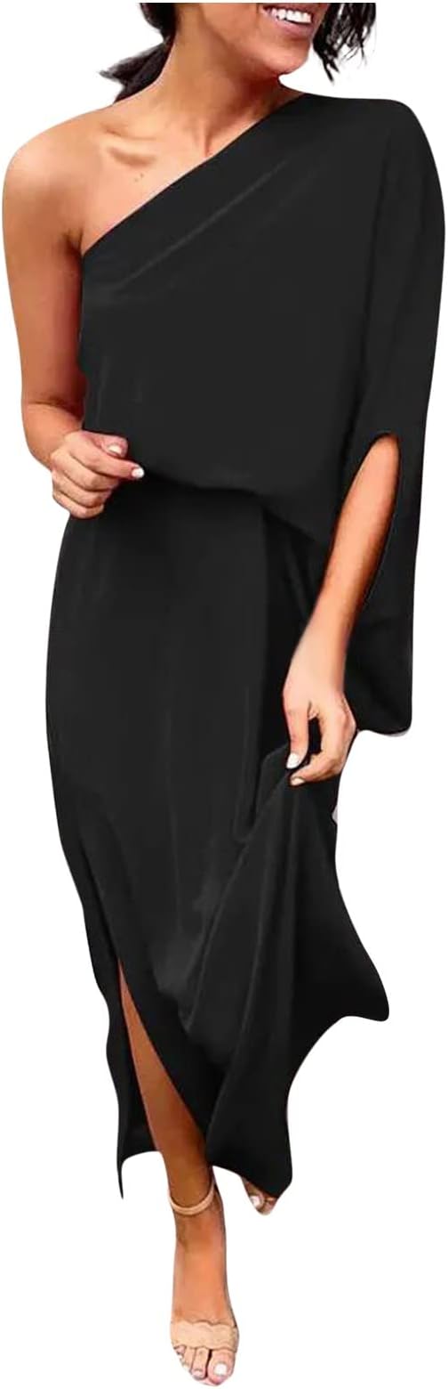Women's Elegant Dresses Fashion Sexy One Shoulder Slit Hem Floral Short Sleeve Loose Casual Dress, S-2XL