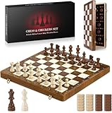 40.5×40.5cm Magnetic Chess Set, Large Wooden Chess Board with Wooden Staunton Pieces & Checkers, Folding Travel Board Games with 2 Bonus Queens, Gift for Kids & Adults