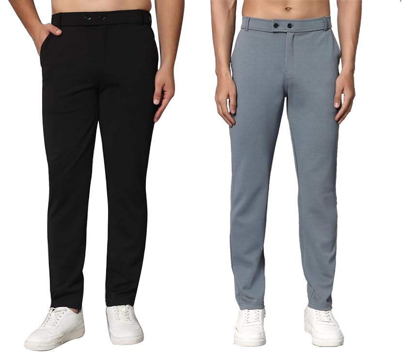 Image of Mehrang Men's Slim Fit Dress Pants, Formal Trousers with Side Pockets, (Pack of 2)