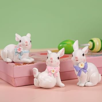 Set of 3 Easter Bunny Figurines, Cute Resin Rabbit Decorations with Easter Tabletop Decor, Spring Indoor Home Decor