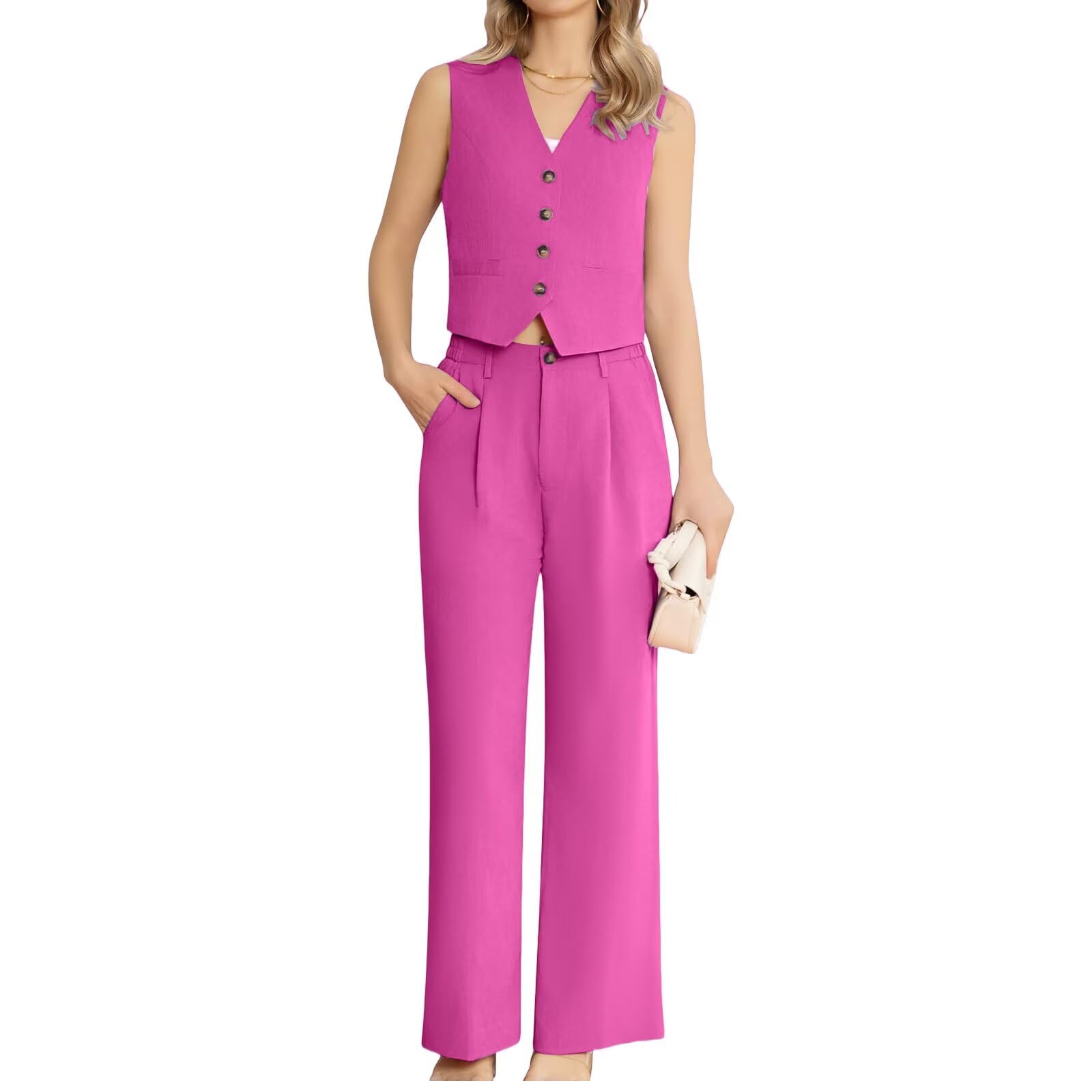 Womens 2 Piece Suit Linen Casual Lightweight Button Front Vest Sleeveless V Neck Vest Jacket and Pants