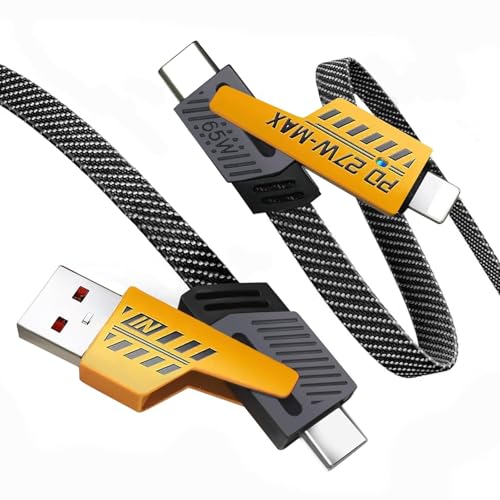 Image of NISHTECH 4 in 1 Charging Cable Fast Charging 65W, USB C Cable 4-in-1 USB Multi Charging Cable| Supporting Thunderbolt Port,Type C Lightning,Type A For All iPhones Android Tablets & Laptop (Yellow)