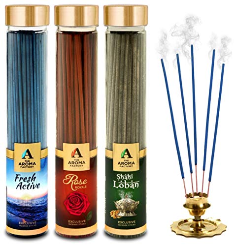 Image of The Aroma Factory Fresh Active,Rose & Loban Agarbatti for Pooja,Luxury Incense Sticks,100% Herbal Fragrance Agarbathi, 0% Surphates (Bottle Pack of 3x100g)
