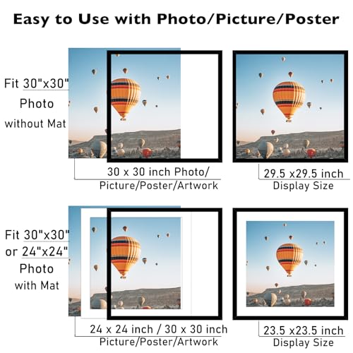 Image of JCJMY 30x30 Picture Frame Black with 24x24 Mat, Display Photo 24x24 with Mat or 30 x 30 Without Mat, Wall Hanging Large 30x30 Poster Frame with Shatter Resistant Plexiglass, Black