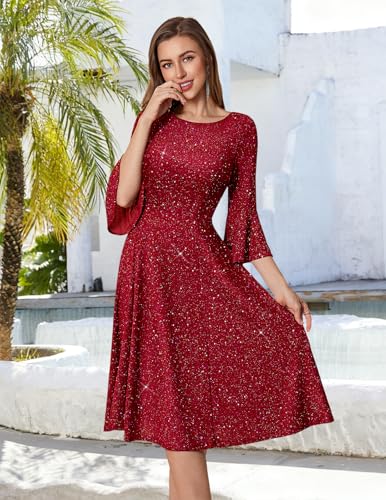 Image of HomRain Women's Church Dresses Modest Bell Sleeve Wedding Guest Cocktail Tea Party Vintage Evening Dress