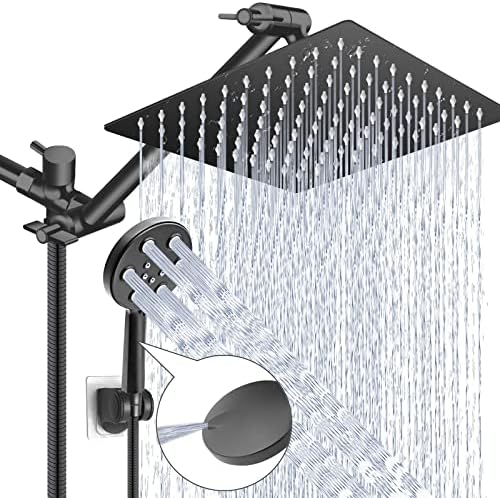 Shower Head with Handheld, 10" High Pressure Rain Shower Head with 11" Extension Arm, Anti-leak Handheld Shower Heads with 60" Hose, 6 Spray Settings Built-in Power Wash, Height/Angle Adjustable