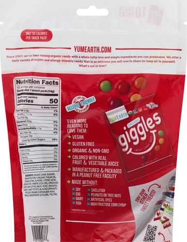 Image of YumEarth Organic Fruit Flavored Giggles Chewy Candy Bites, 10-0.5 oz. Snack Packs, Allergy Friendly, Gluten Free, Non-GMO, Vegan, No Artificial Flavors or Dyes (Pack of 2)