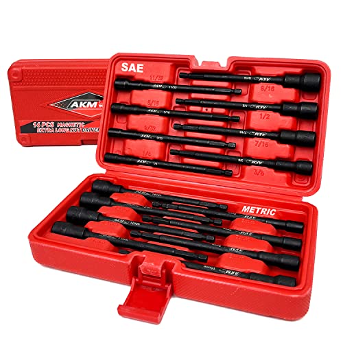 AKM TOOL 16 PC Magnetic Nut Driver Set, 6 Inches | 1/4 Inch Hex Shank | SAE & Metric | Cr-V Steel