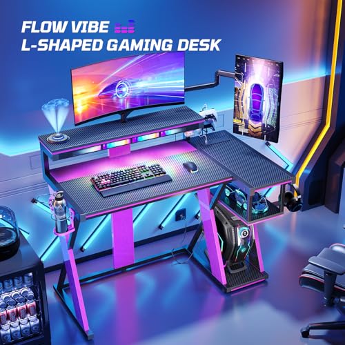 Image of Bestier Computer Desk with Music Sync Light, Flow Vibe Corner Gaming Desk with Monitor Stand and PS5 Storage Shelves, Cup Holders, and Headset Hooks for Bedroom Small Space (Black Purple, 42 Inch)
